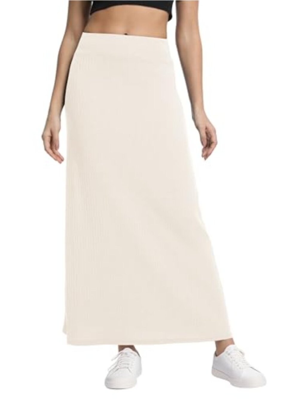 High Waist Ribbed Knit A-Line Maxi Skirt Flattering Tummy Control